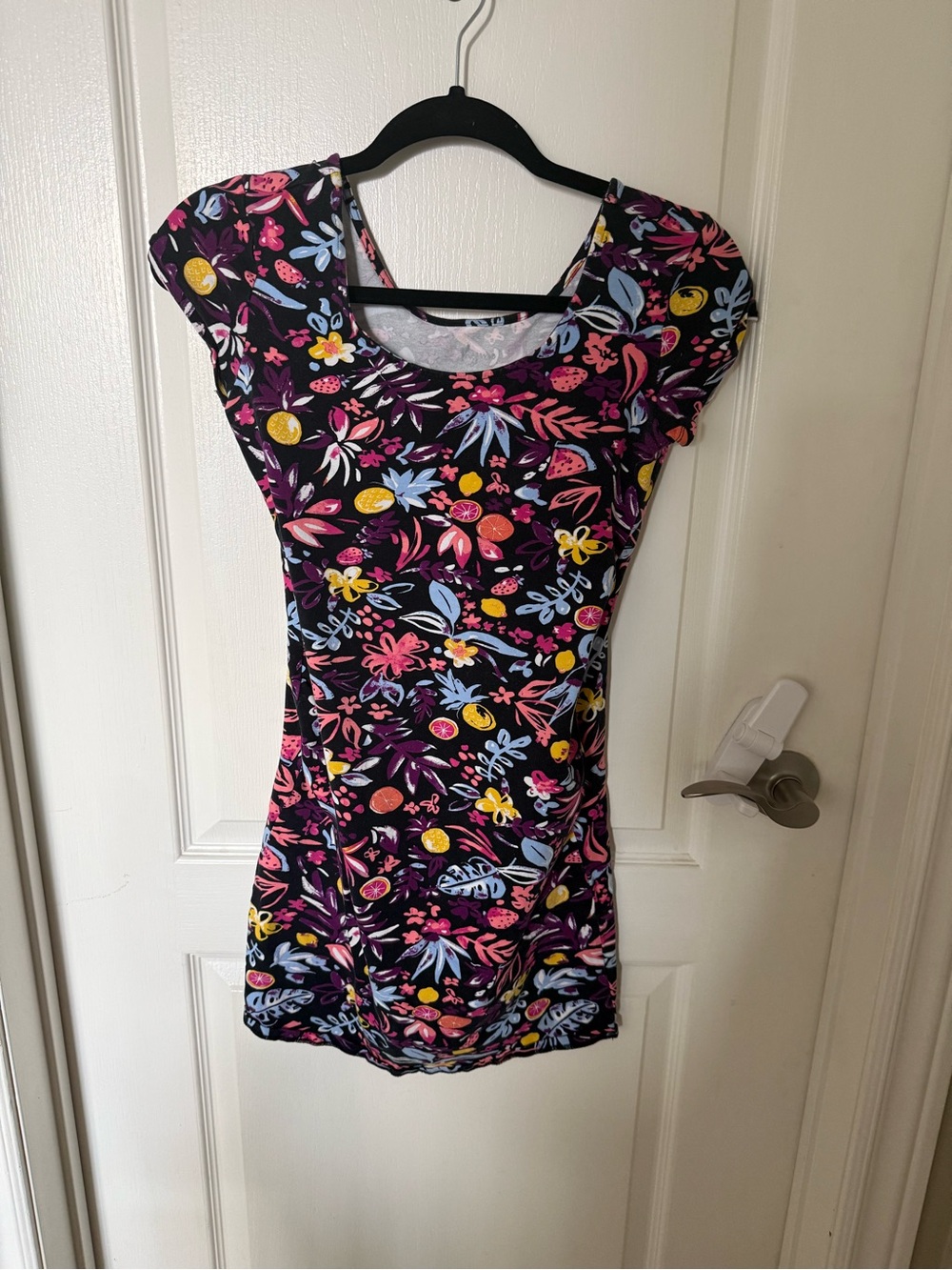 Thyme Maternity Floral Fruit Print Scoop Neck Dress - Black Background